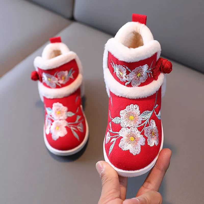 Зимняя детская обувь ханьфу Обувь для девочек с вышивкой Детские хлопковые сапоги в старинном костюме на флисовой подкладке Костюм Тан в китайском стиле Тканевая обувь для выступлений