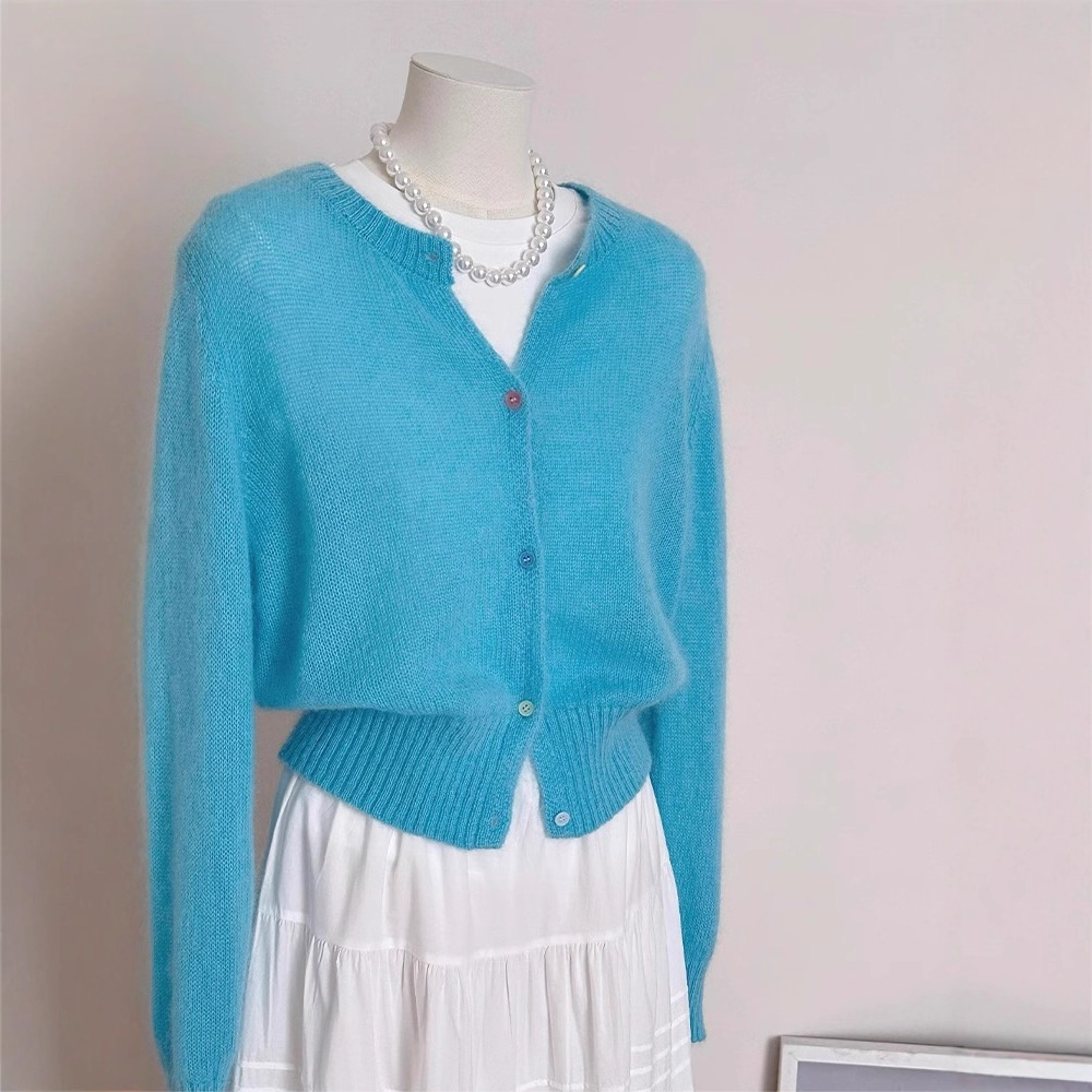 Blue Mohair Round Neck Knitted Cardigan for Women in Early Autumn Korean Style Soft Waxy Sweater Jacket Super Nice Top