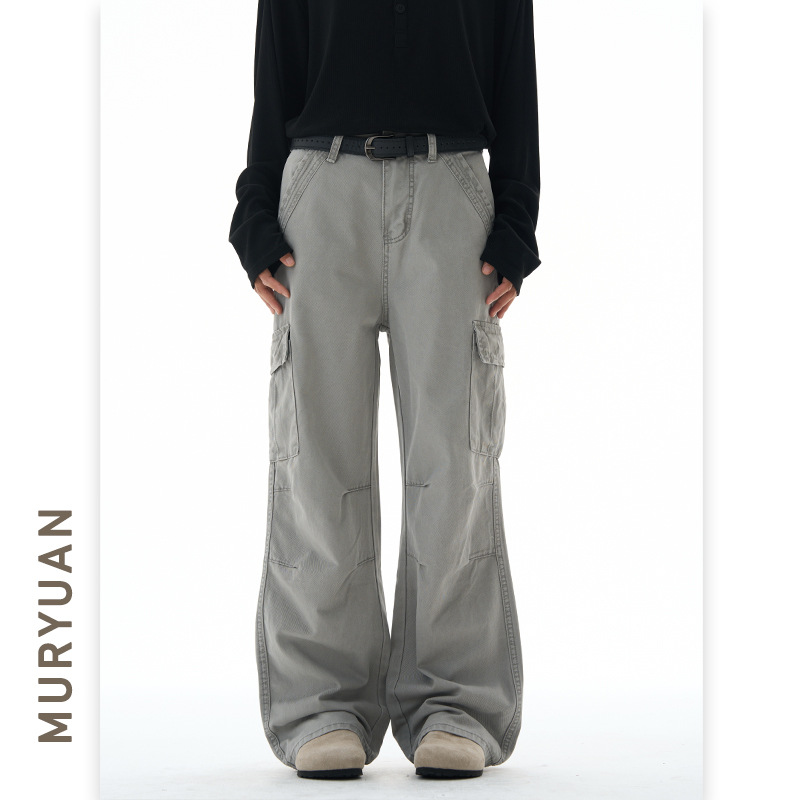 Muyuan Men's Clothing 2025 Autumn New Vintage Casual Cargo Pants for Men and Women, Distressed Washed Wide-Leg Pants