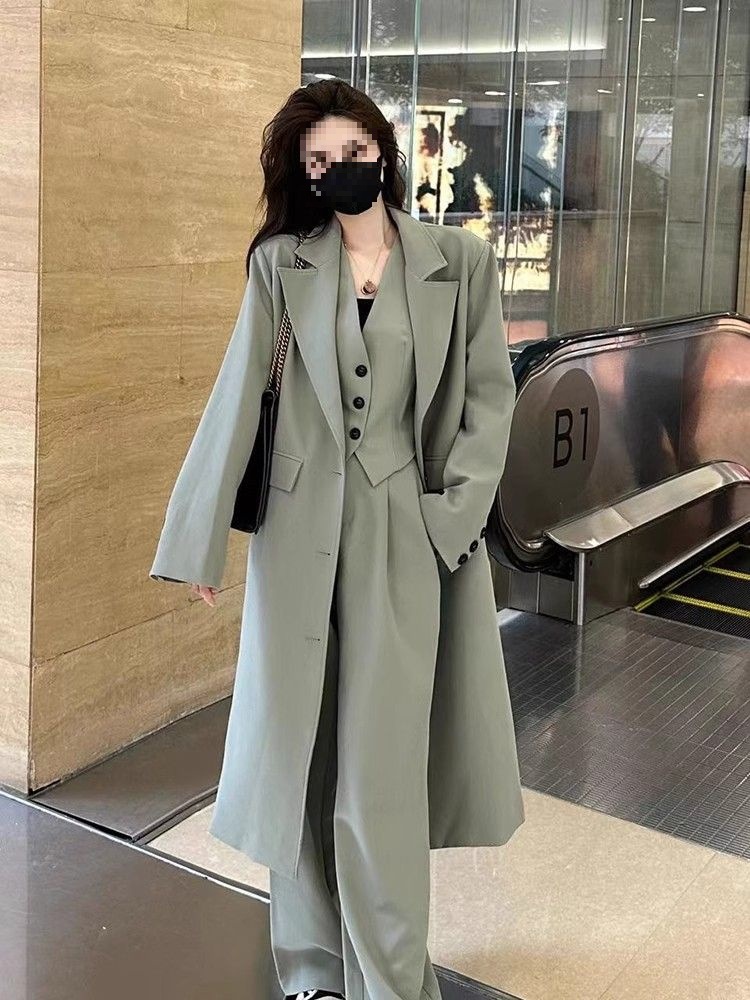 Loose-Fitting Women's Suit for Autumn, Solid Color Single-Breasted Vest, Wide-Leg Pants Three-Piece Set, Women's Jacket Trench Coat