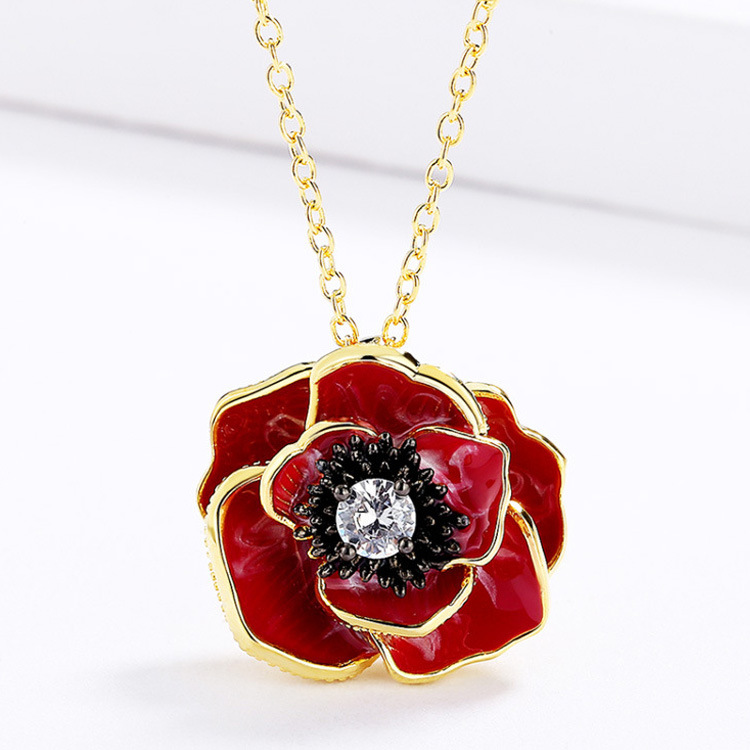 Rosa flor chapado en oro esmalte de tres piezas conjunto Palacio estilo anillo collar pendientes europeo y americano flor joyería