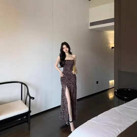 欧美性感辣妹抹胸豹纹2026年夏季新款印花拼接开叉收腰紧身包臂裙