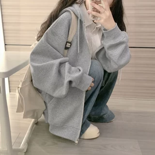 灰色连帽卫衣女秋2026新款韩系慵懒小个子初中生拉链开衫外套上衣