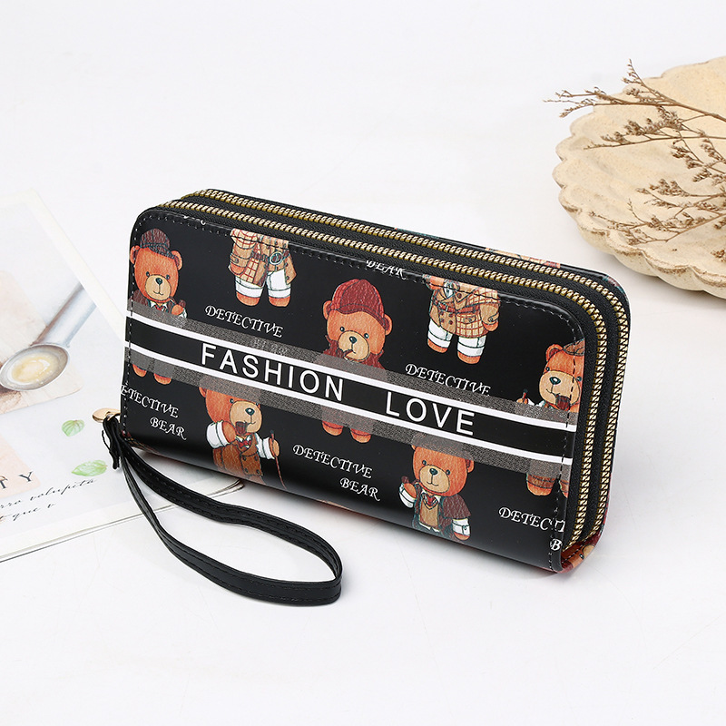 New Cross-border Cartoon Double Zipper Wallet Bear Printed Large Wallet Women's Long Wallet High-end Clutch Bag