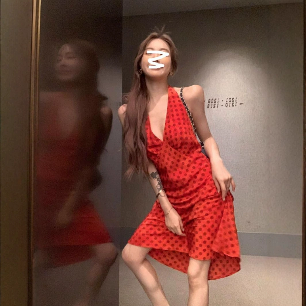 Красные точки сексуальный платье с шеей без спинки женский летний праздник