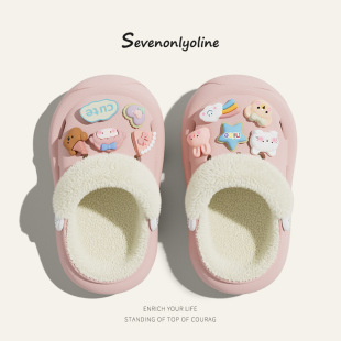 2024 autumn and winter new children's straps DIY small animal shoes flower inside fleece-lined home outside wear warm hole shoes