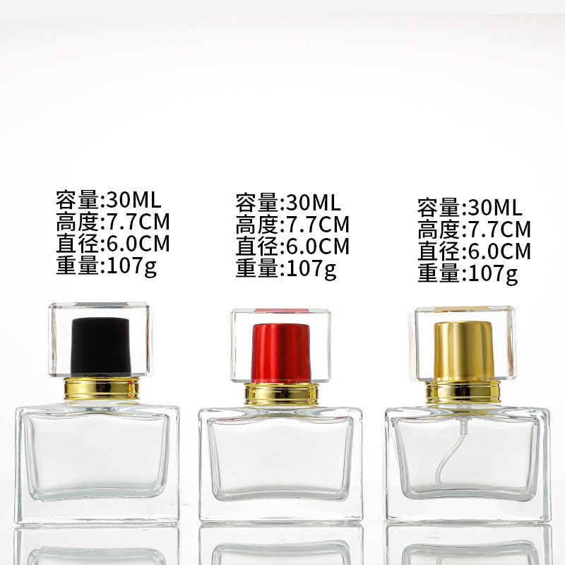 Botella de perfume 30ml botella de perfume de viaje portátil plana tapa cuadrada presión de niebla pequeña muestra de botella de vidrio spray