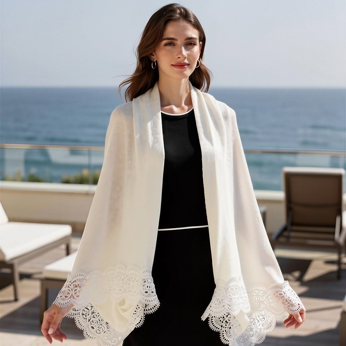 Lace-Trimmed Wool and Arctic Velvet Knit Shawl, Warm Cheongsam Outerwear, Fashionable Cape Cardigan