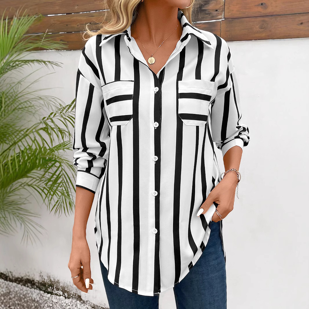 Fashion Vertical Stripes Multi-color Shirt Coat Women
