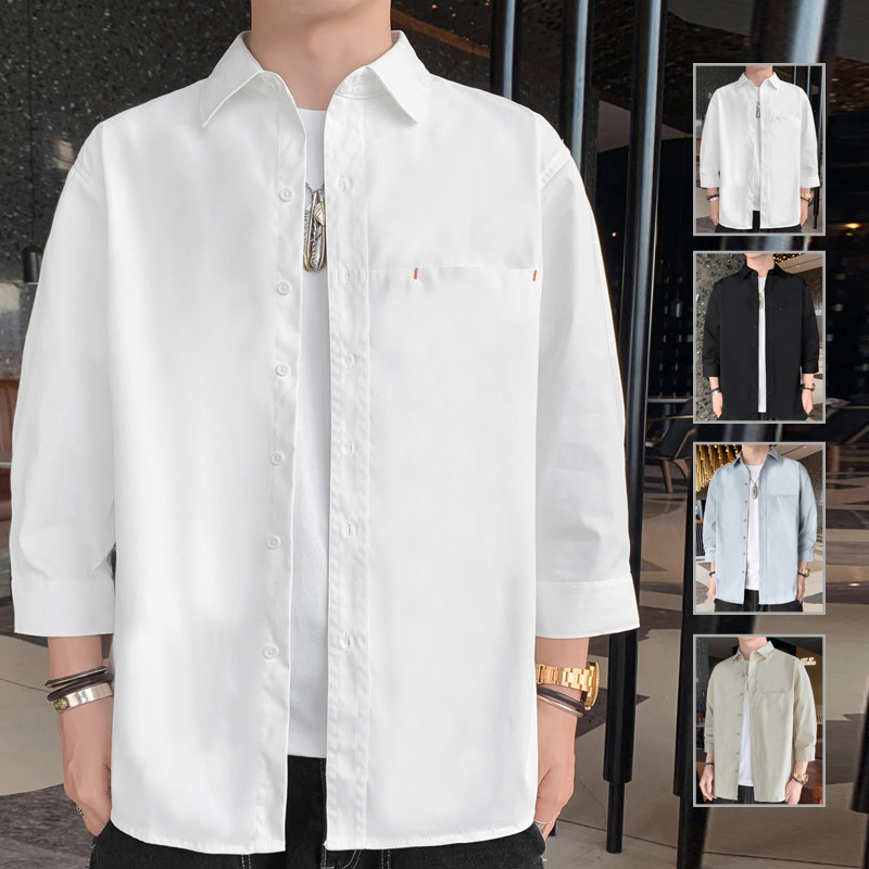 Men's Three-Quarter Sleeve Shirt, Solid White Shirt, Japanese Style, Hong Kong Style, Youth Loose Casual Men's Jacket, Breathable Workwear