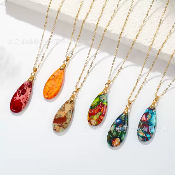 Amazon Cross-Border Natural Stone Water Drop Pendant Necklace Bohemian Style Colorful Gemstone Stainless Steel Clavicle Chain