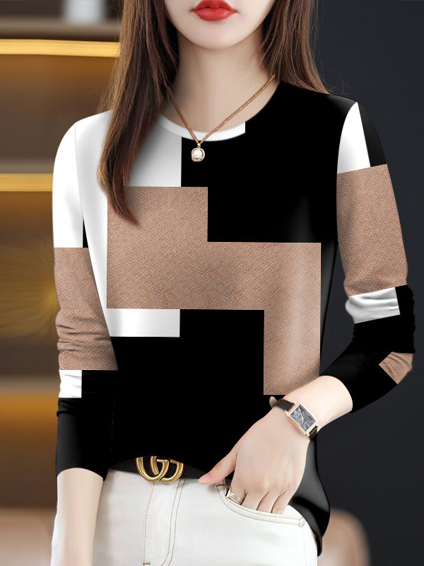 卸売り2025年の新型春秋起爆女性tシャツは痩せていて、丸首のファッション長袖を隠しています。|undefined