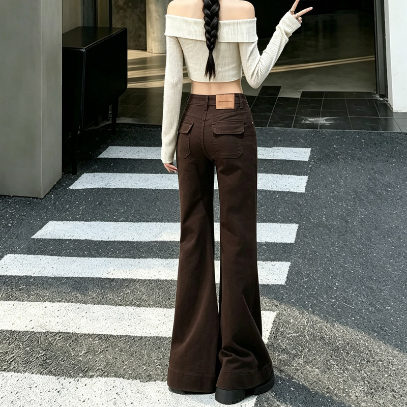 Source Factory Maillard Brown Flared Jeans for Women, Autumn High-Waisted Slimming Petite Bell-Bottom Pants A8551 Source Factory Maillard Brown Flared Jeans for Women, Autumn High-Waisted Slimming Petite Bell-Bottom Pants A8551