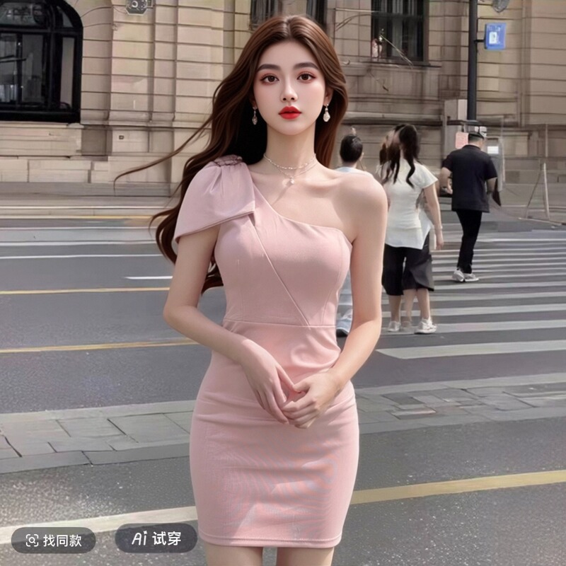 French-Style Elegant One-Shoulder Sexy Bow-Knot Slim-Fit Dress, Niche High-End Evening Gown for Socialites