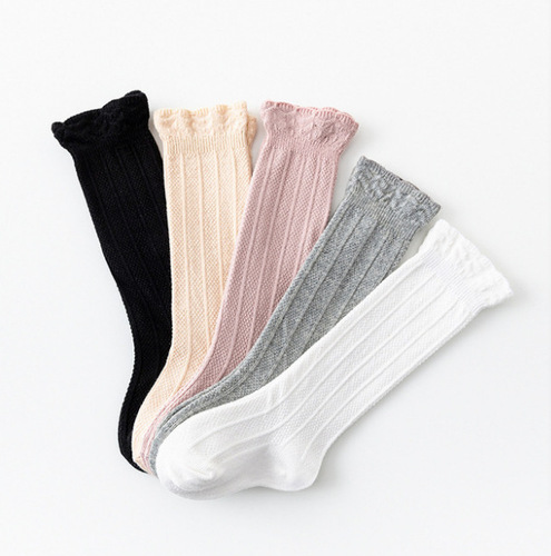 Summer and Autumn Baby Knee-High Socks, Cotton Women Baby Socks, Vertical Striped Double-Knitted Children's Socks, Amazon Ruffled Knee-High Socks