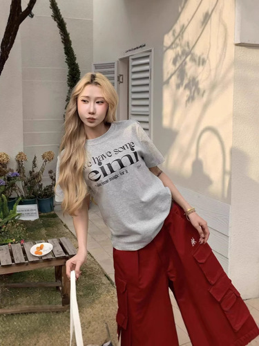 American Retro Round Neck Short Sleeve Women's Summer Letter Print Square Shoulder T-Shirt Casual Vintage Oversized Top