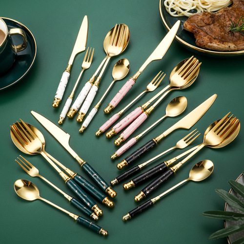 Cross-border stainless steel ceramic handle Western tableware knife, fork and spoon five-piece set with marble handle emerald knife, fork and dessert spoon