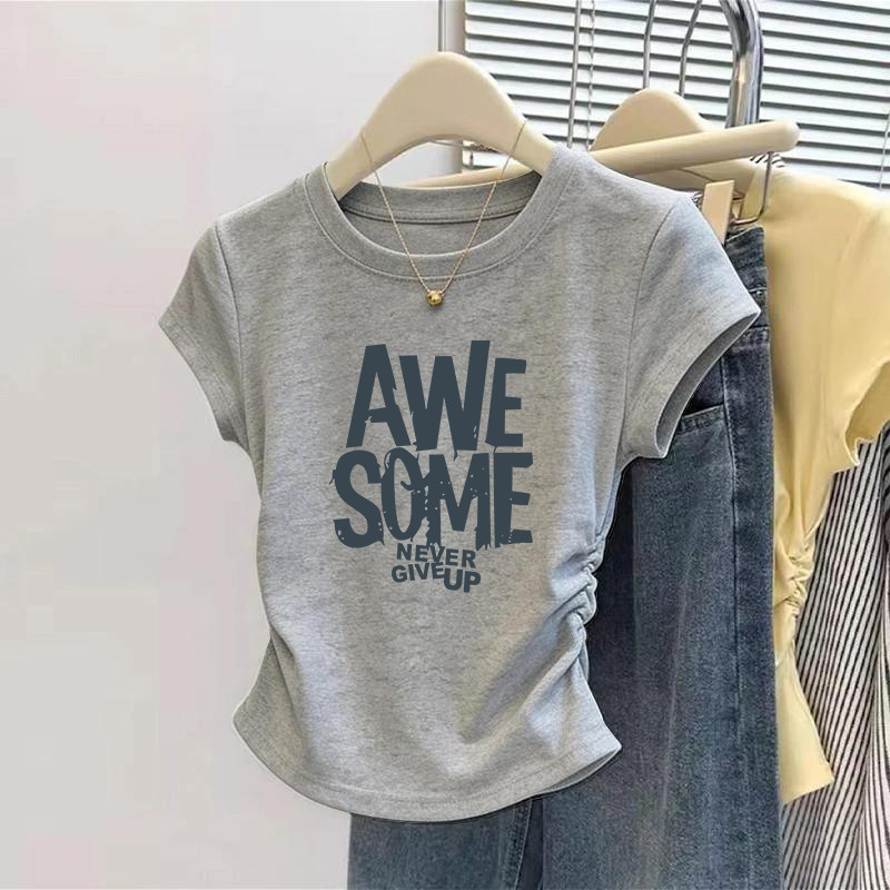Pure Cotton Short-Sleeved T-Shirt for Women 2026 New Summer Style Pleated Slimming Waist Design Simple and Versatile Gray Top