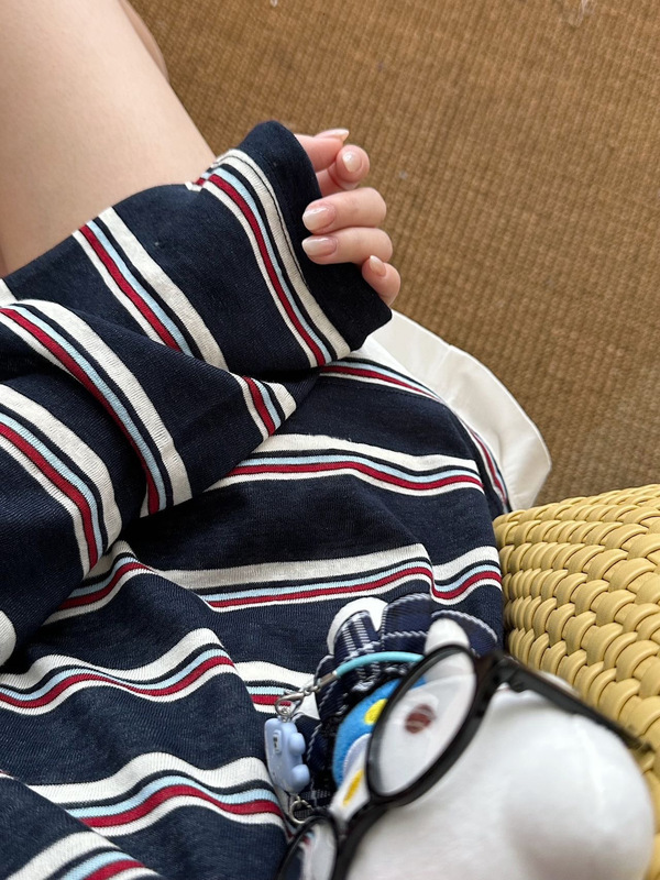 春夏秋韩系蓝条纹撞色圆领长袖防晒T恤慵懒风复古条纹空调罩衫|undefined
