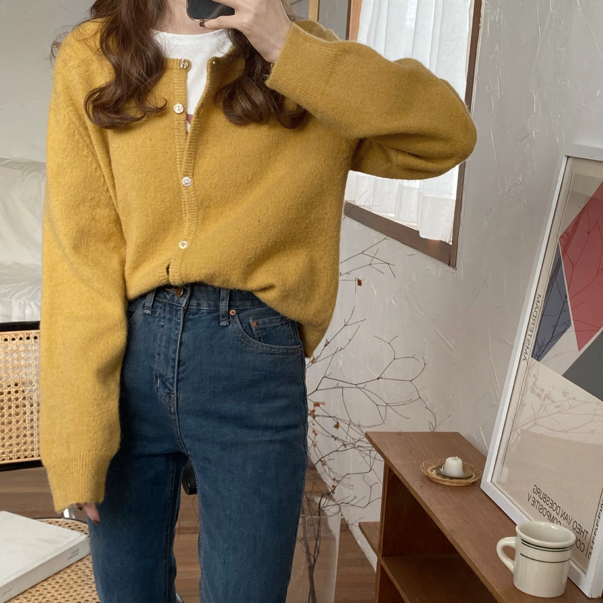 Женский шерстяной кардиган, короткий кашемировый свитер-куртка, кружевной/корейский круглый воротник, облегающего типа