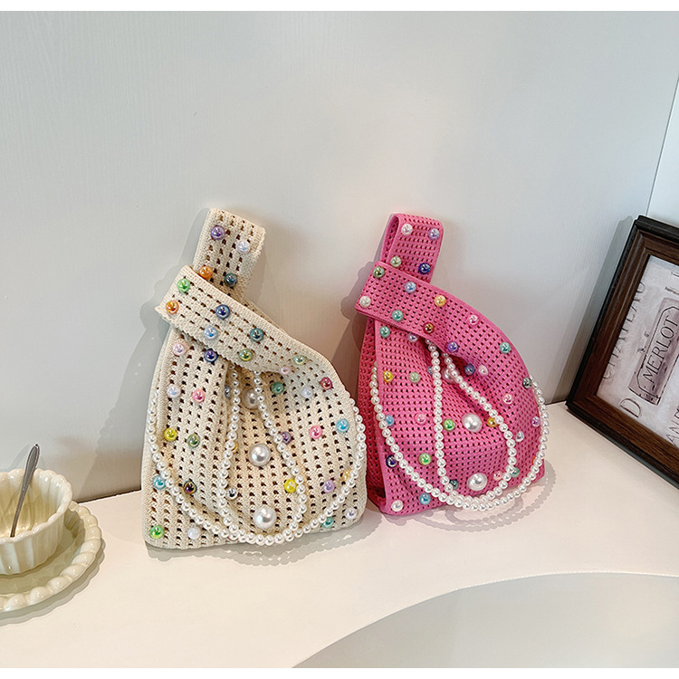 Open Closure Type Double Shoulder Straps Strap Type Women's Medium Knit Solid Color Cute Pearls Open Straw Bag