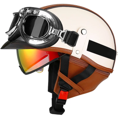 Motosiklet kaskı (dəbilqə) – car helmet Japanese scoop helmet - brown-and-white-aurora-red-mirror-silver-frame-mirror-m