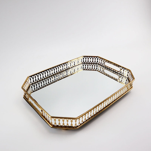 European iron gold glass tray mirror bottom metal tray jewelry display tray decorative fruit plate