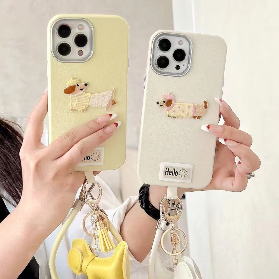 Perro bordado de dopamina para iPhone16promax funda para teléfono móvil Apple 15/14 dos en uno patrón de piel 13p