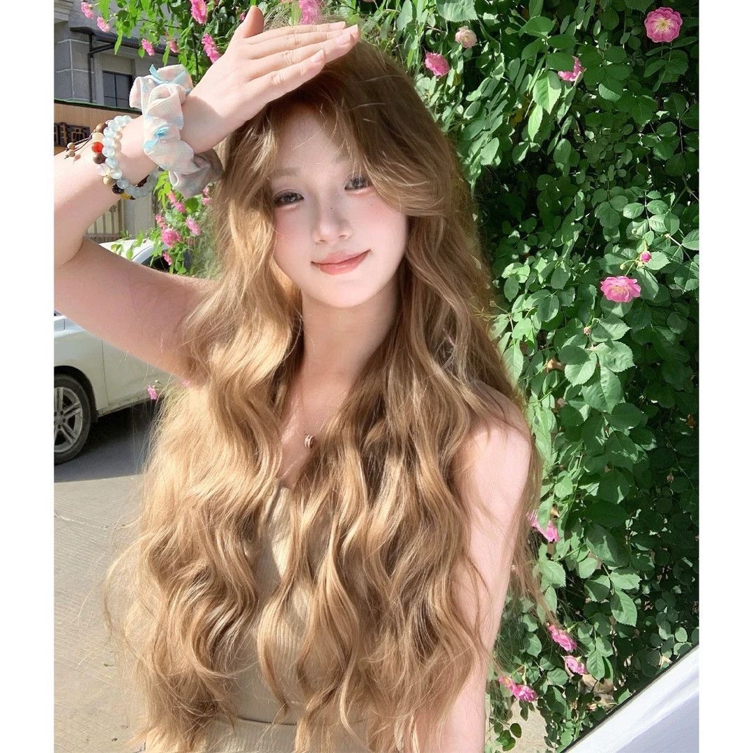 Nueva peluca lino marrón mediano perezoso sensación de cabello largo rizado lolita red cubierta de cabeza completa