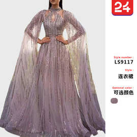 2025跨境新款春夏欧美女装气质网纱长裙礼服流苏亮片晚礼服连衣裙