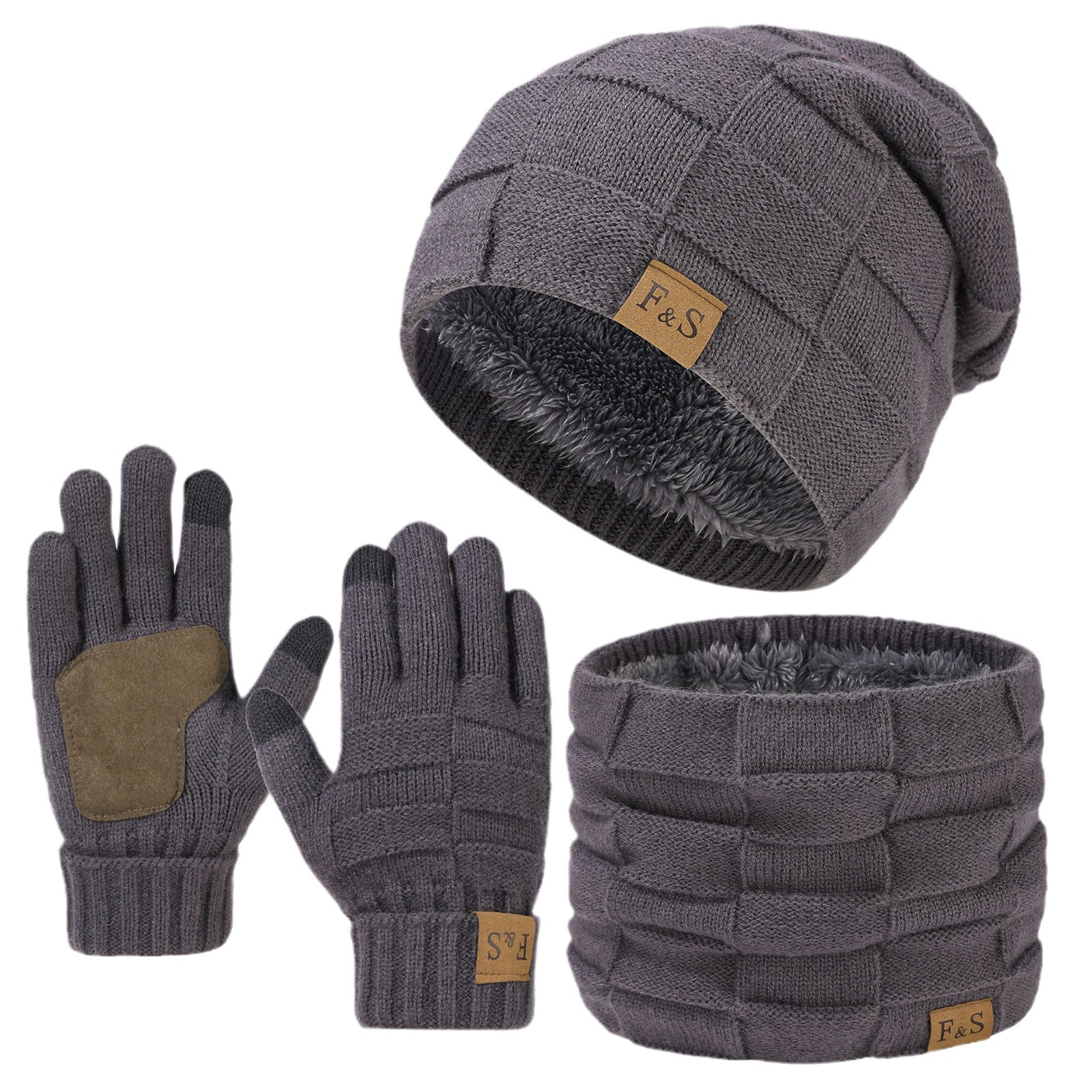 New Foreign Trade Autumn And Winter Warm Hats, Scarves, Gloves, Three Piece Set, Thickened Pig Leather Splicing Gloves, Anti Cold Woolen Hats For Men_voghion.com