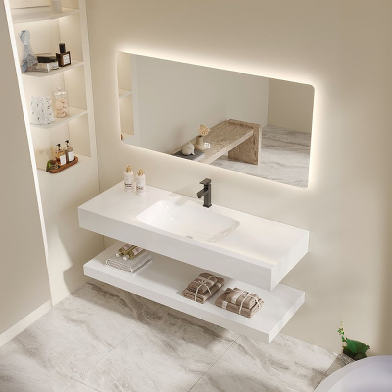 Bathroom Double Cabinet Hanging Open Storage Space Toilet White Imitation Marble Design Sense