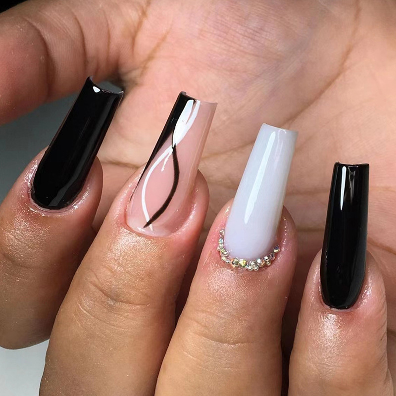 Classic solid color black and white press-on nails, black and white line nail art with rhinestones, long ballet nails, nail tips wholesale Classic solid color black and white press-on nails, black and white line nail art with rhinestones, long ballet nails, nail tips wholesale
