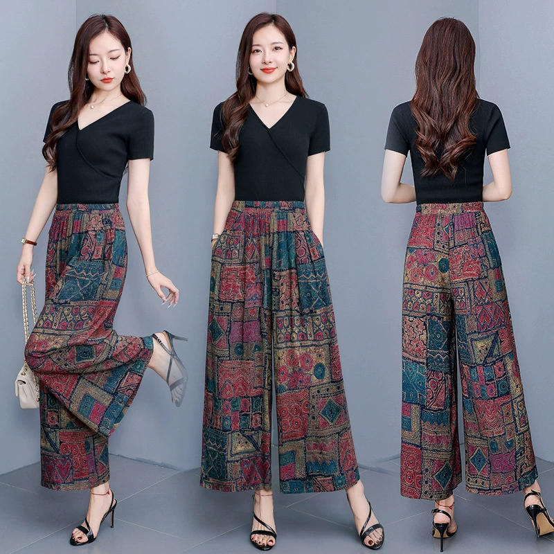 Девять очков юбки женские высокие талии 2025 новые хлопковые шелковые широкие брюки, покрывающие маму Летние тонкие повседневные брюки имеют чувство склонения