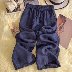 藏蓝色亚麻阔腿裤女夏季薄款2025新款窄版九分直筒裤休闲棉麻裤子