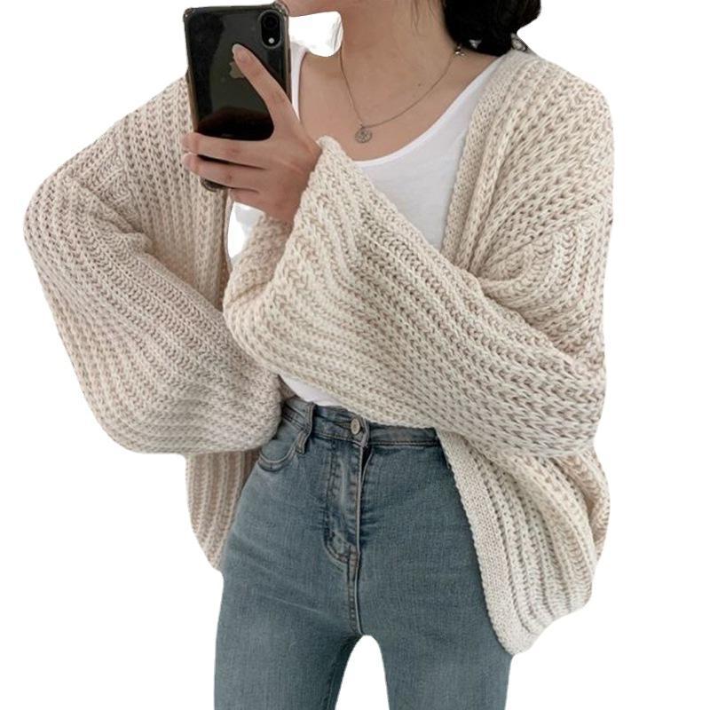 Cárdigan de punto estilo coreano para principios de otoño, con cuello en V, versátil, holgado, informal, de color liso y mangas abullonadas para combinar en capas.