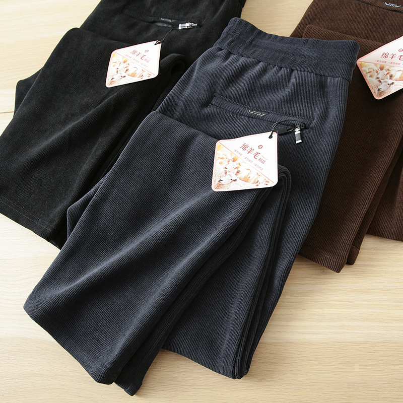 With wool corduroy casual pants men's withdrawal cabinet autumn and winter thick drawstring elastic waist straight long pants LM618