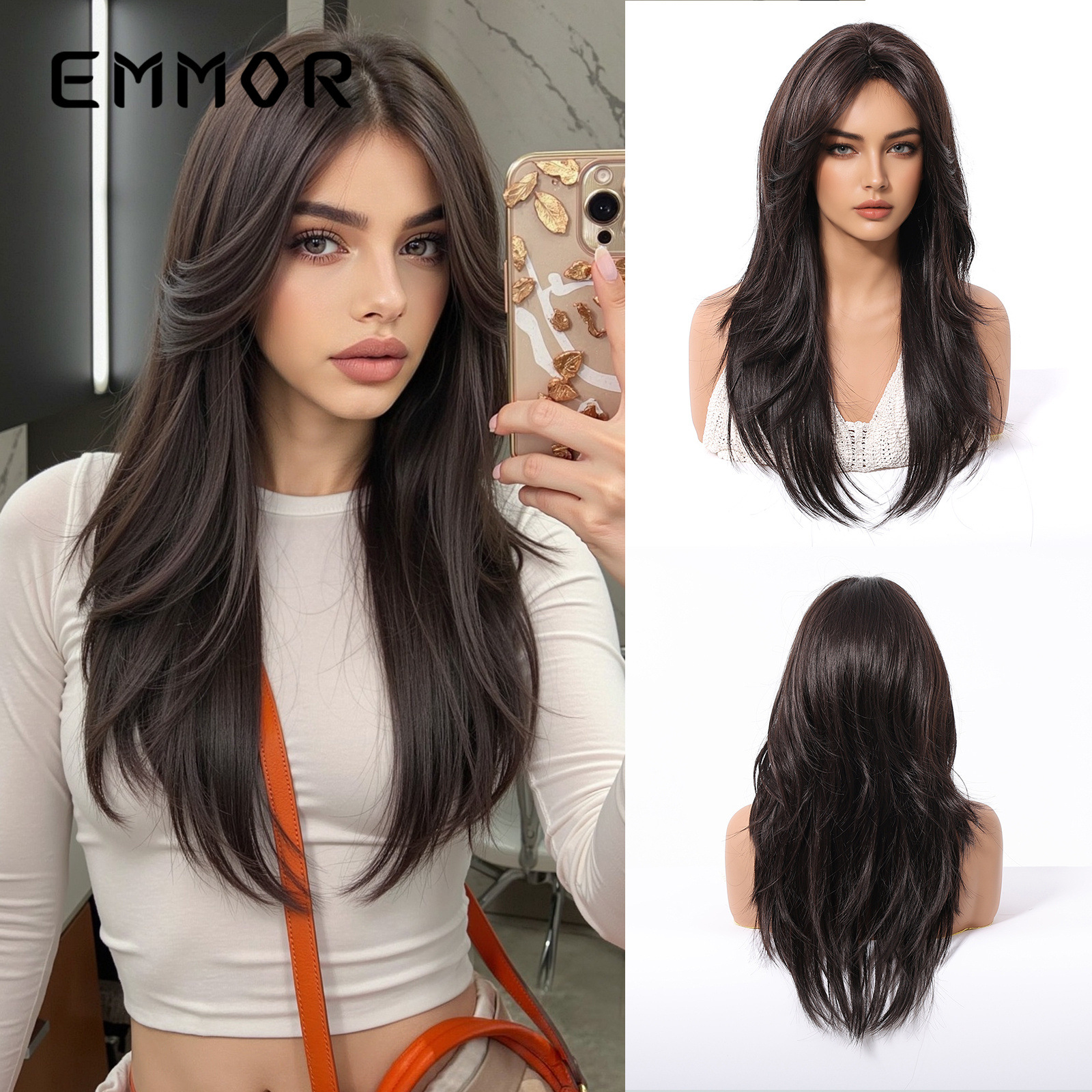 Nuevos productos de comercio exterior transfronterizo, flequillo de ocho caracteres, corte facial, cabello largo negro natural de alto nivel, peluca ligeramente rizada, tipo de cabello completo