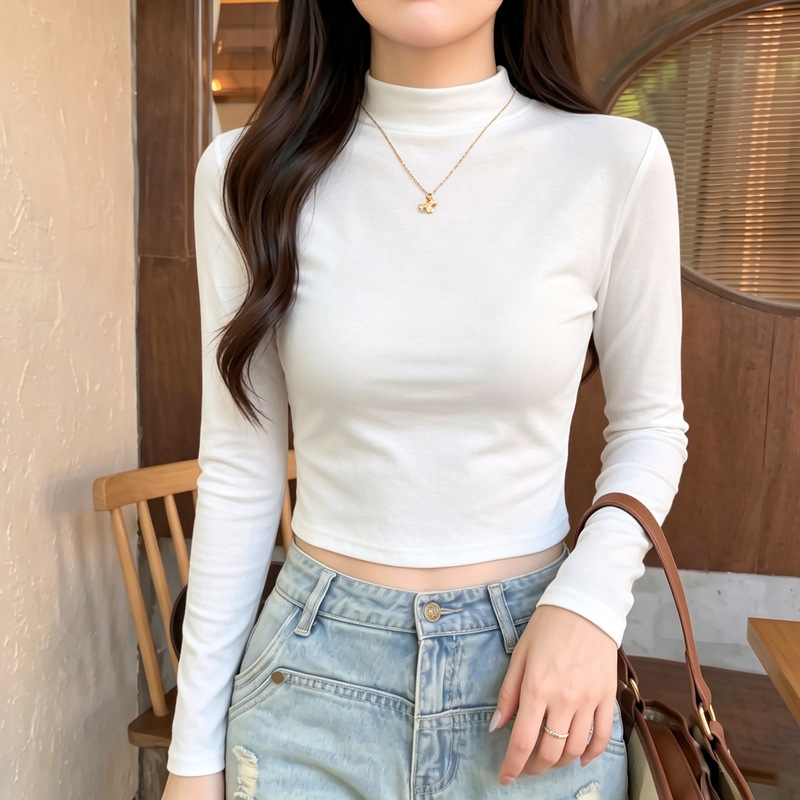 Women's slim-fit, short-length, solid-color, versatile long-sleeve T-shirt with a half-high collar, perfect as an inner layer for spring and autumn Women's slim-fit, short-length, solid-color, versatile long-sleeve T-shirt with a half-high collar, perfect as an inner layer for spring and autumn