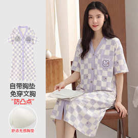 【带胸垫】春秋新款纯棉女短袖开衫和服领睡裙印花休闲女家居服