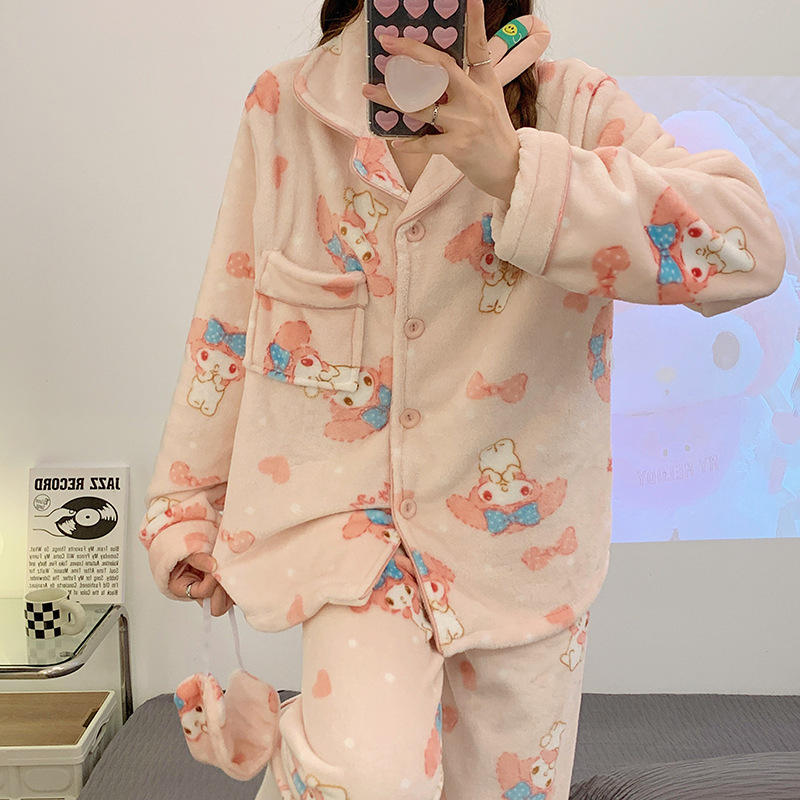 2023 nuevos pijamas de las mujeres la solapa franela otoño y el invierno cardigan manga larga enviar máscara ojo dibujos animados cálido desgaste casero traje