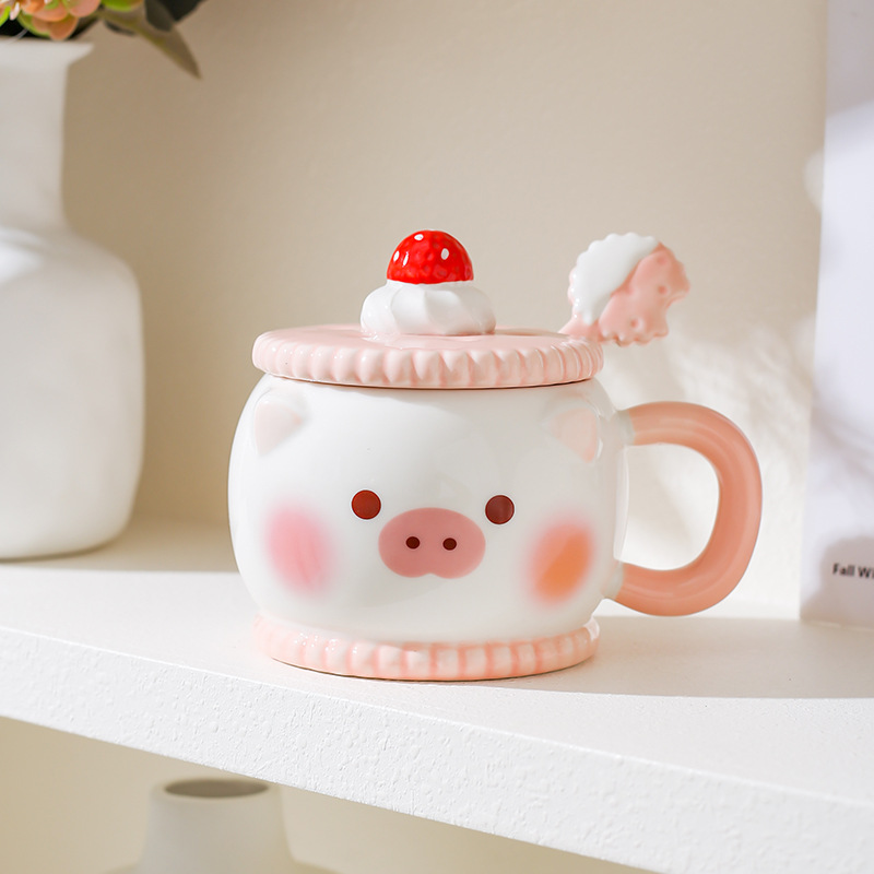 Creativa encantadora caricatura de cerámica taza de regalo rosa de corazón de niña taza de agua con cuchara de cerdo taza de gato