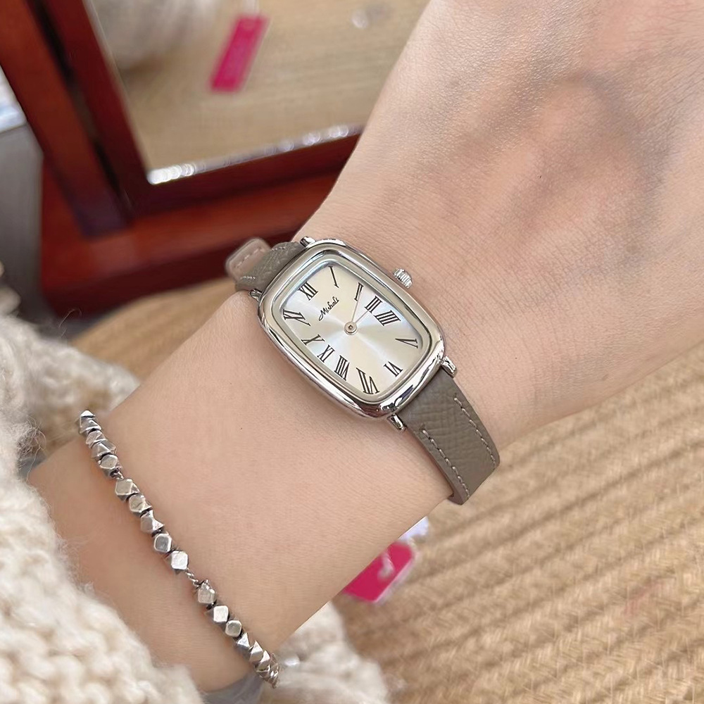 Mishali Damenuhr Cool Silbergrau Leicht Luxus Nische Damen Lederarmband Römische Ziffern 24037_voghion.com