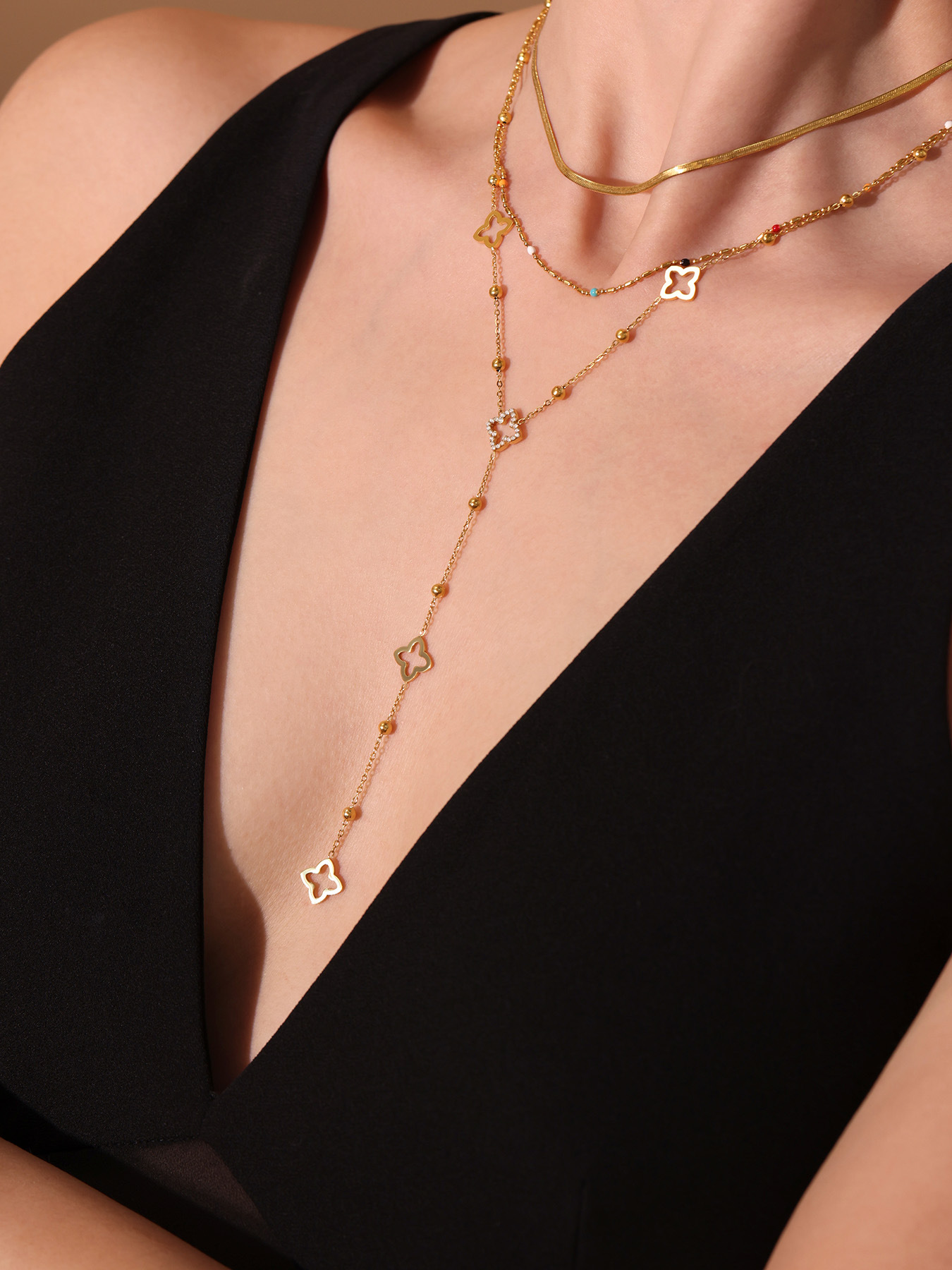 Collier Ras De Cou Double Couche Pendentif Fleur Trèfle Bijoux_voghion.com