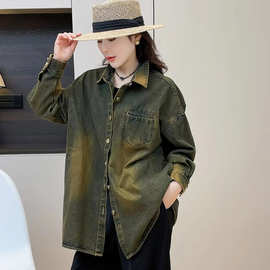 跨境外贸女装批发春季复古做旧工艺高街水洗长袖宽松衬衫牛仔外套