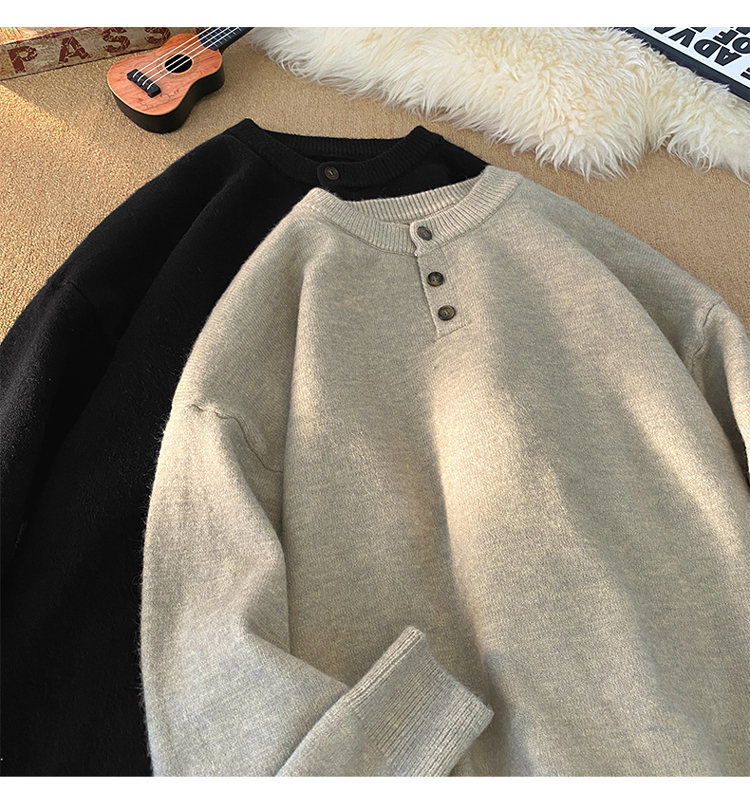 Cleanfit Henley Knit Sweater – Heavyweight Relaxed Pullover With Ribbed Hem_voghion.com