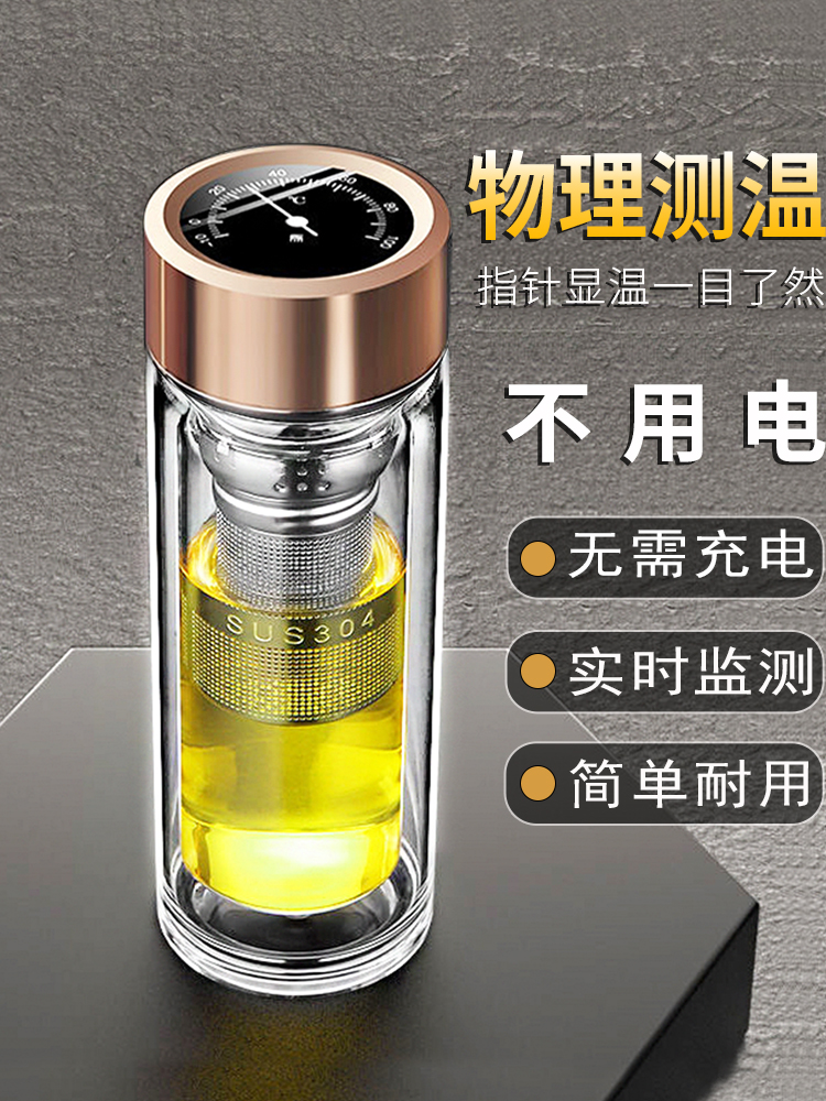 指针显温双层玻璃杯男女士喝水杯子耐高温带盖泡茶杯办公家用便携