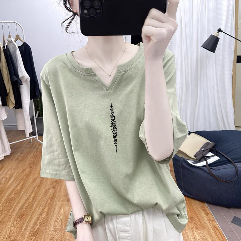 Hong Kong Style Fashionable Pure Cotton Small V Neck Short-Sleeved T-Shirt Women's Age-Reducing Loose Top Half-Sleeved T-Shirt Lazy Style Bottoming Shirt Summer