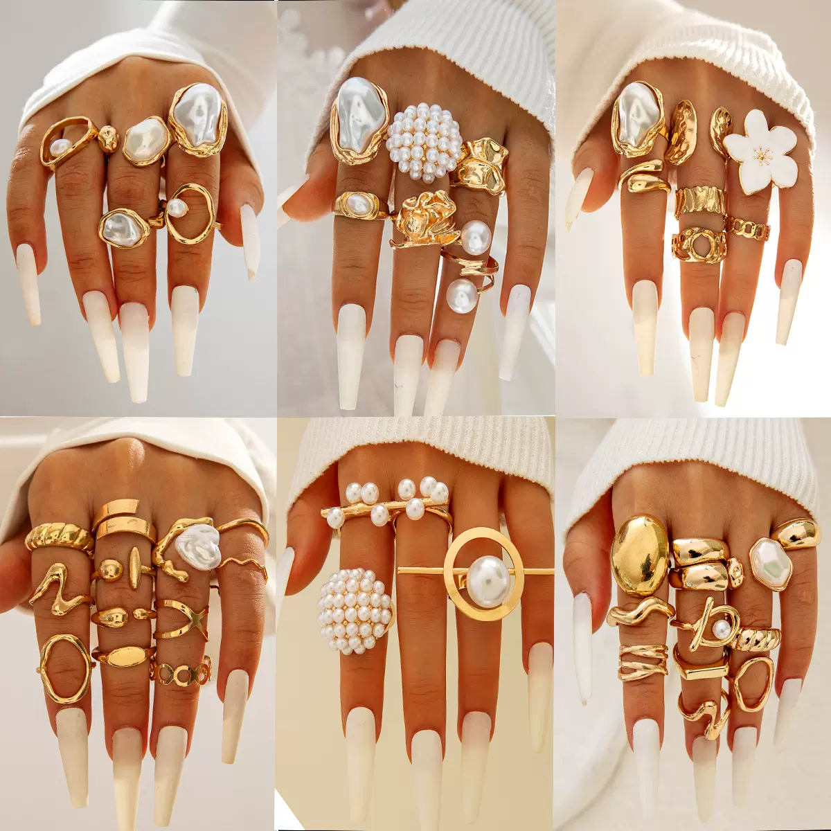欧美饰品 时尚百搭叠戴风异形珍珠戒指 不规则滴油花朵戒指套装