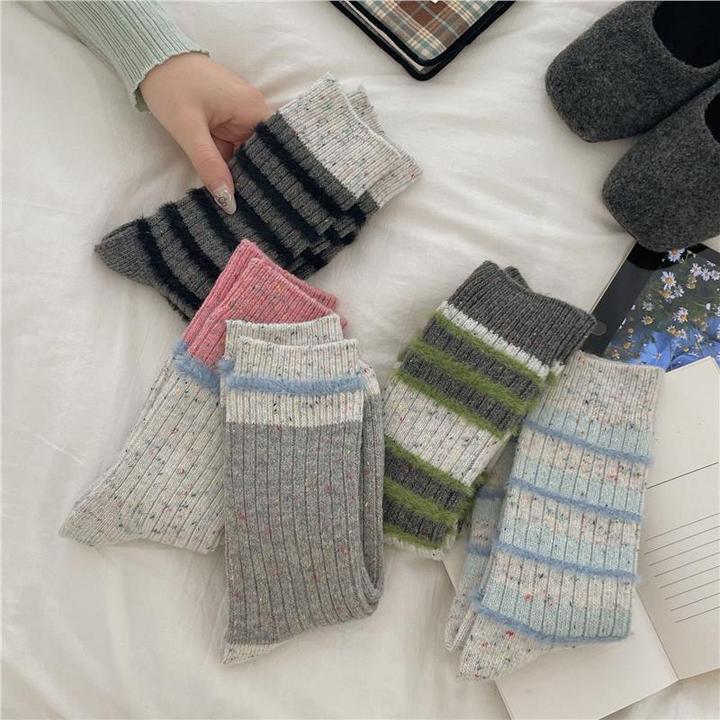 Mink wool gauze thick line socks women's thick warm Korean ins contrast color socks socks piled socks
